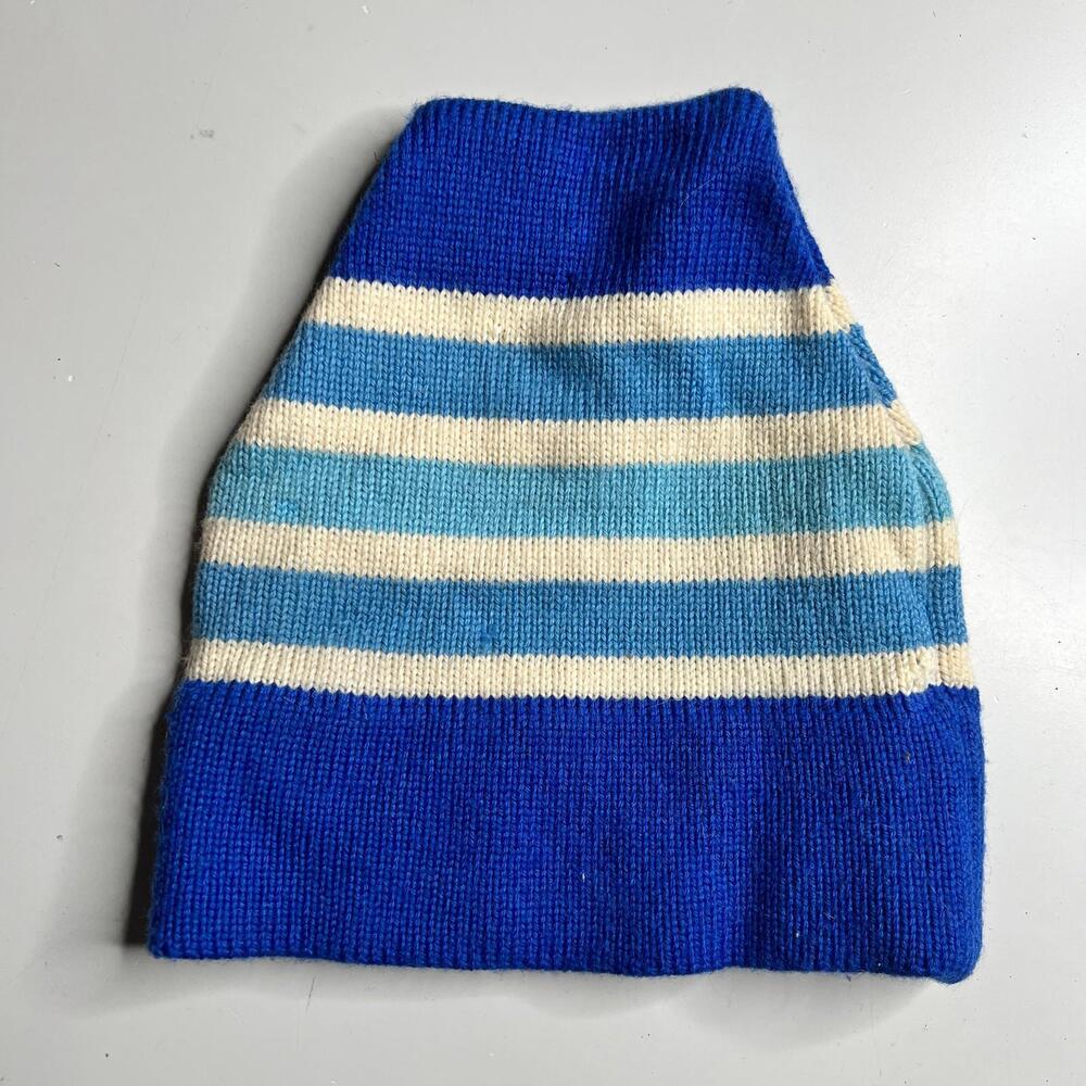 Vintage Collins Canada Wool Knit Beanie Hat Blue Striped Made in Canada 70s 80s